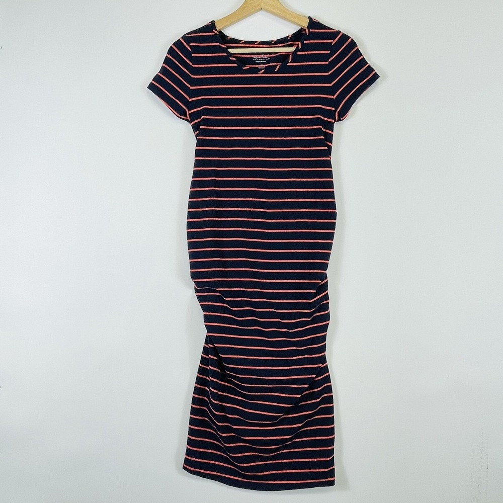 NEW Isabel Maternity Women XS Blue Orange Striped Nautical Coastal Ruched Dress